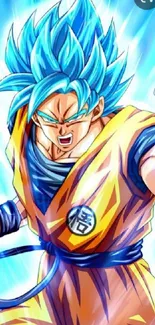 Energetic anime character with blue aura and dynamic pose in vibrant art style.