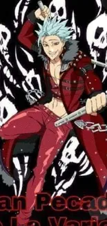 Energetic anime character with red outfit and dynamic pose on a dark background.