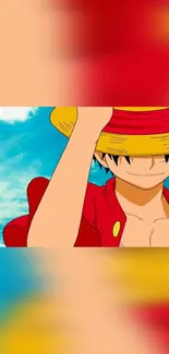 Anime character in red and yellow with hat on mobile wallpaper.