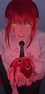 Anime character with red hair and yellow eyes holding a red object on a blue background.