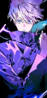 Dynamic anime character in vibrant purple hues.