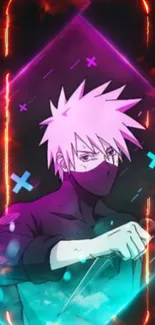 Anime character with neon purple background and vibrant colors.