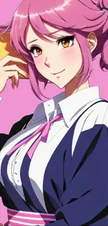 Anime character with pink hair holding a book on a pink background.