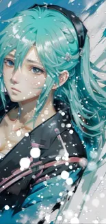 Anime character with turquoise hair in dynamic artistic style.