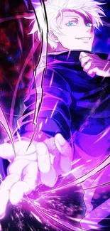 Anime character with outstretched hand in vivid purple.