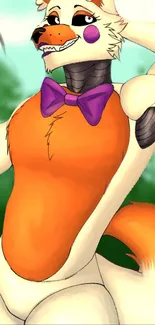 Anime character in fox cosplay with vibrant orange fur and a purple bow.