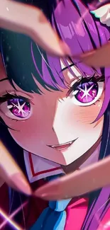 Vibrant anime character with purple tones and expressive eyes.