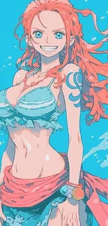 Anime character on a vibrant beach with sky blue background.