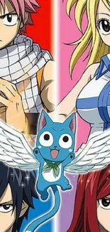 Colorful anime characters with a blue flying cat illustration.