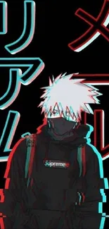 Anime character with Japanese text on black background with red-blue accents.