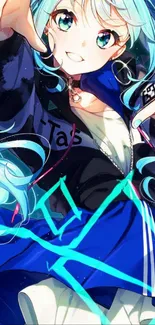 Vibrant blue-haired anime character in dynamic pose.