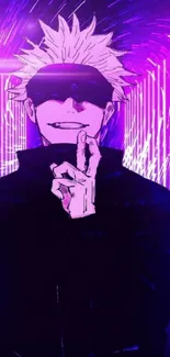 Anime character with vibrant purple background.