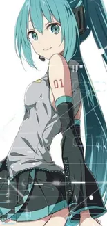 Anime character with teal hair and outfit on a light background.