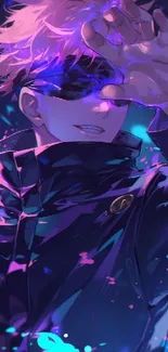 Anime character with purple hues and glowing colors.