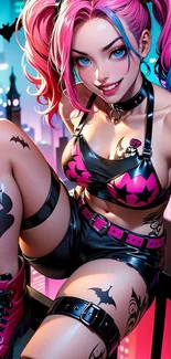 Colorful anime character with tattoos and vibrant background.