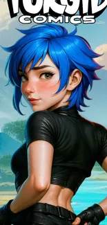 Anime character with blue hair and bold design on a scenic background.