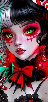 Anime character with green eyes and red accents.