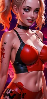 Anime character in vibrant red and black outfit with urban backdrop.