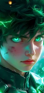 Anime character with glowing green eyes and electric aura.