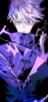 Vibrant anime character with purple hues and electric background.