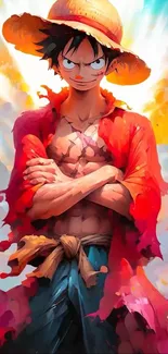 Anime character with vibrant red and orange art style, arms crossed.