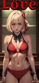 Vibrant anime character in red bikini with bold colors.