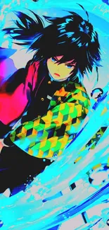 Vibrant anime character in bold colors on a dynamic background for mobile wallpaper.