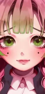 Anime character with pink hair and green eyes on a vibrant mobile wallpaper.