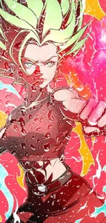 Vibrant anime character with pink background and dynamic action.