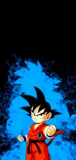 Anime character with vibrant blue aura on a black background mobile wallpaper.