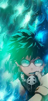 Energetic anime character on a vibrant blue and green background wallpaper.