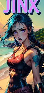 Anime character on a vibrant beach with blue and purple hues.