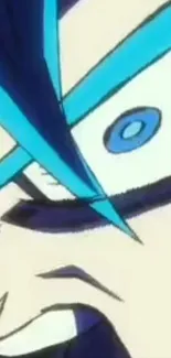 Anime character close-up with blue hair and intense gaze.