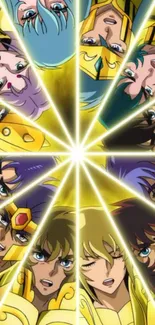 Anime characters in gold armor arranged in a vibrant starburst.