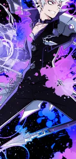 Anime character with purple and blue vibrant splash design.