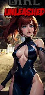 Anime character in futuristic urban setting with dynamic colors.