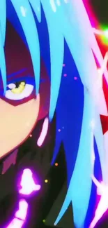 Vibrant anime character with blue hair and colorful effects.