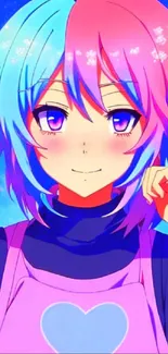 Colorful anime character with blue and pink hair on vibrant wallpaper.