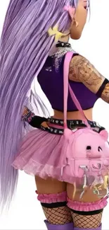Anime character with purple hair and stylish outfit.