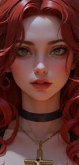 Anime character with red hair and cross necklace.