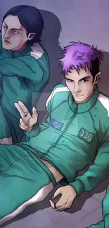 Anime characters in green tracksuits, lounging casually.