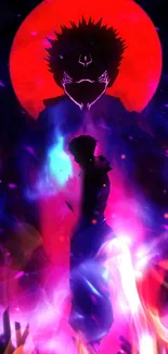 Vibrant anime silhouette with red backdrop and colorful aura.