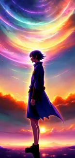 Anime silhouette against colorful sky with vibrant hues.