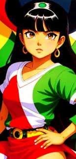 Anime character in vibrant attire with green, red, and white colors.