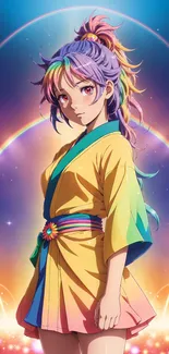 Vibrant anime character with rainbow background.