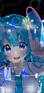 Anime character with blue hair and vibrant background.