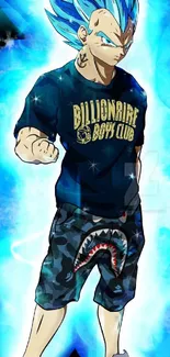 Anime character in blue aura with streetwear.