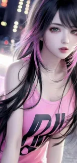 Anime character with pink highlights and dark hair in urban setting.