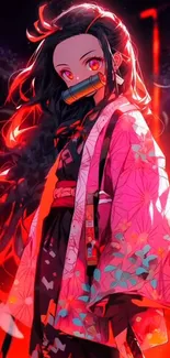 Anime character with vibrant red and pink design in mobile wallpaper.