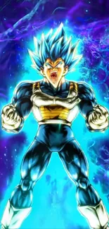 Anime character glowing with blue energy with vibrant colors in the background.